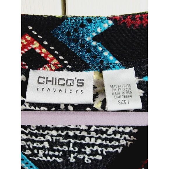 Chico's Travelers 1 Slinky Black & Multi Tropical Village Print‎ Jacket Medium - Picture 6 of 7